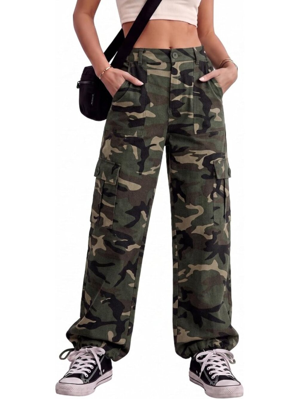 High Waisted Cargo Pants for Women | Y2K Streetwear, Baggy, Stretchy, 6 Pockets - Picture 1 of 5